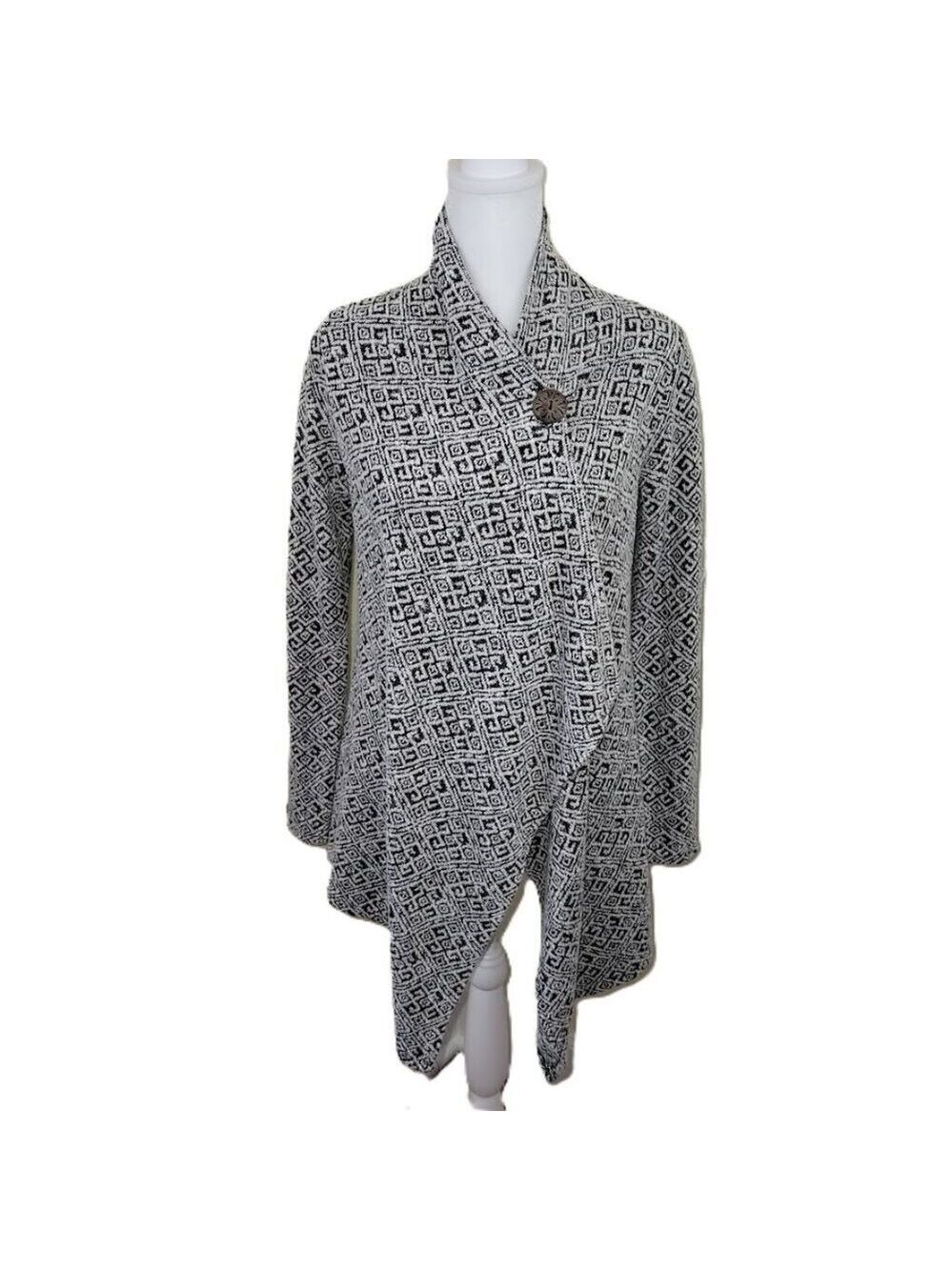 Bobeau One Button Wrap Cardigan Sweater Black White Patterned Knit Women's SZ S